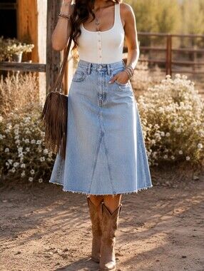 NWT Levi's High-Rise Light Wash A-Line Denim Midi Skirt | Deconstructed Raw Hem